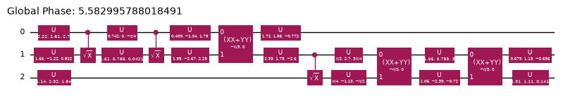 A compiled three-qubit quantum-volume circuit: two blocks, one with two √CX gates and one ∛iSWAP, the other with one √CX and two ∛iSWAP, between single-qubit u gates.