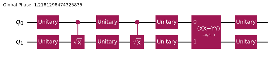 A two-qubit circuit with two √CX gates and one ∛iSWAP gate, separated by single-qubit gates.